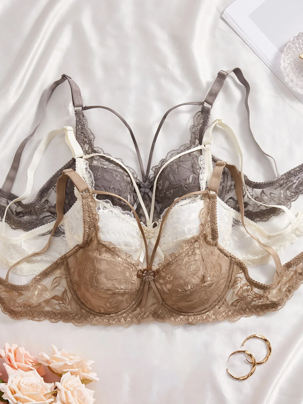 3PCS Lace Women's Underwear Set Sexy Mesh Lace Push-Up Bra Stylish Comfy Underwire Lingerie Bra for Women