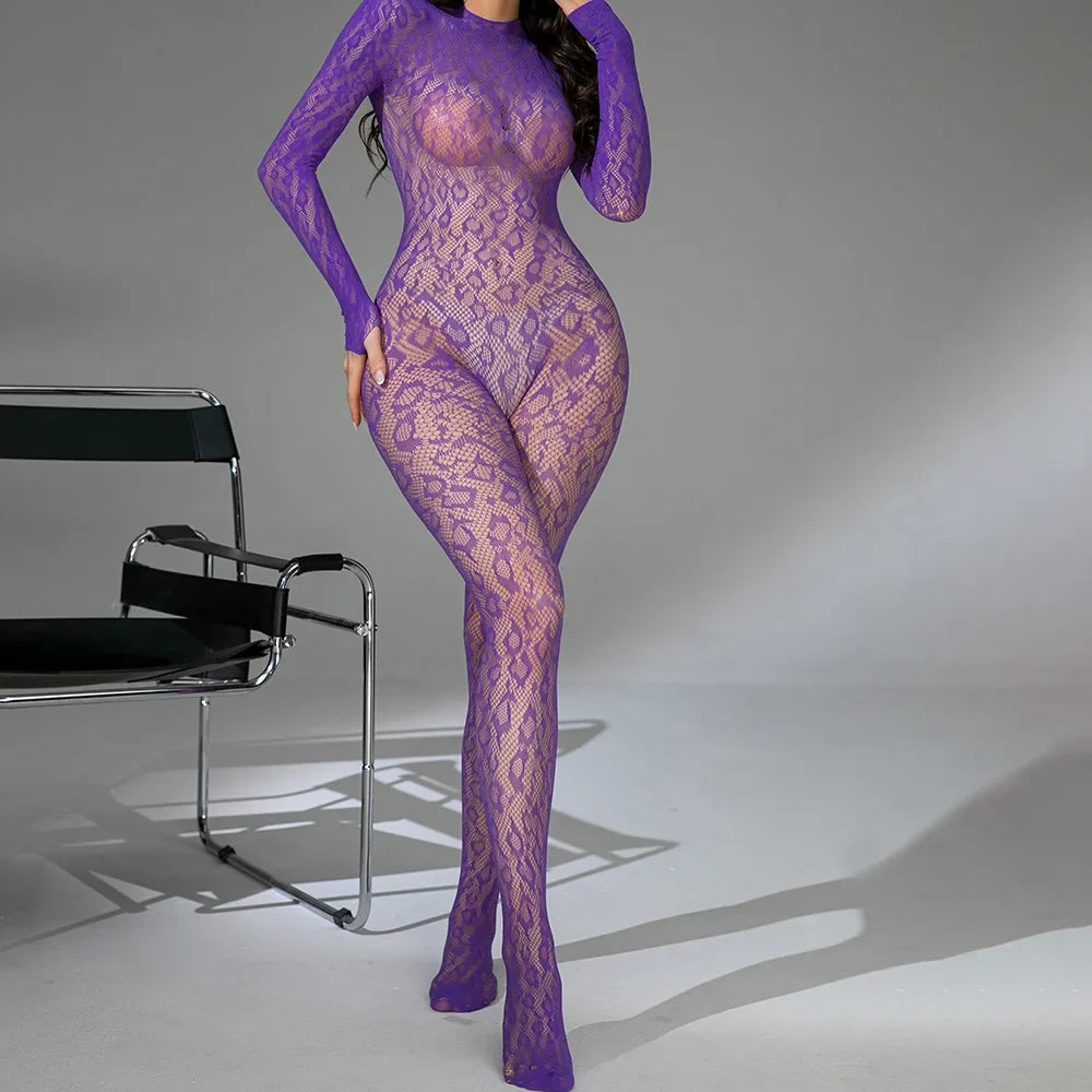 New Erotic Fishnet Bodystocking Purple Temptation Pajamas Women's Transparent Hollow Porn Sexy Lingerie Bodysuit Exotic Costumes