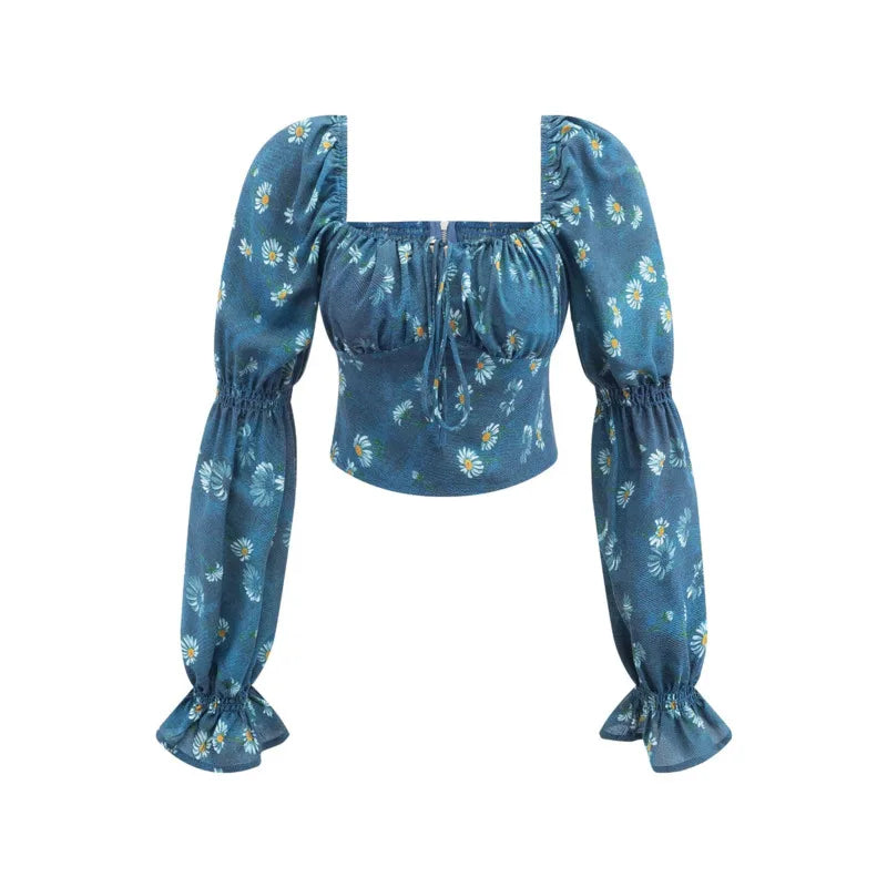 Teal Daisy Print Crop Blouse For Women Square Neck Sheer Puff Sleeves Ruffled Cuffs For Summer Evenings Garden Romantic RIOL