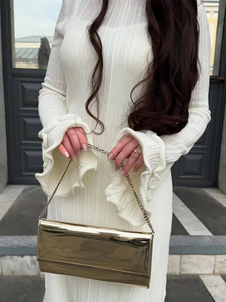 Trendix Knit Elegant Ruffle Maxi Dress Women Summer High Waist Long Sleeve Lace Up Dresses Casual Sexy Backless Knitwear Dress