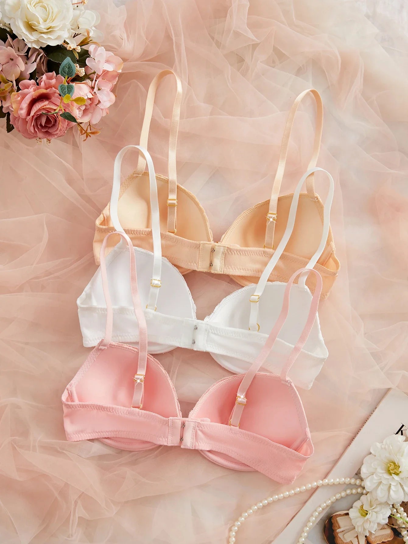 3PCS Women's Underwear Set Lace Trim Ribbed Push Up Bra Bow Comfortable Underwire Support Women's Bra