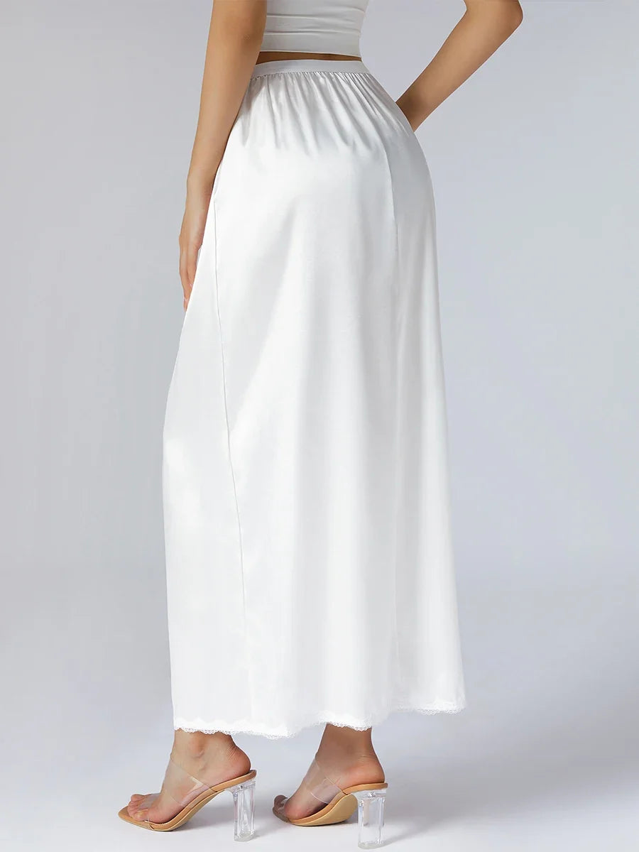 Women's Solid Color Skirts Elastic Waist Satin Underskirt Lace Trim Skirt for Under Dresses Black/White
