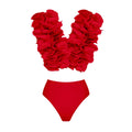 2025 Solid Red Flower Bikini Swimsuit Luxury Women Swimwear Sexy Swim Suit Deep V Monokini Off Shoulder Bodysuit Bathingsuit