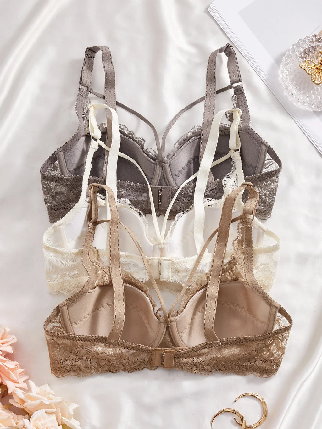 3PCS Lace Women's Underwear Set Sexy Mesh Lace Push-Up Bra Stylish Comfy Underwire Lingerie Bra for Women
