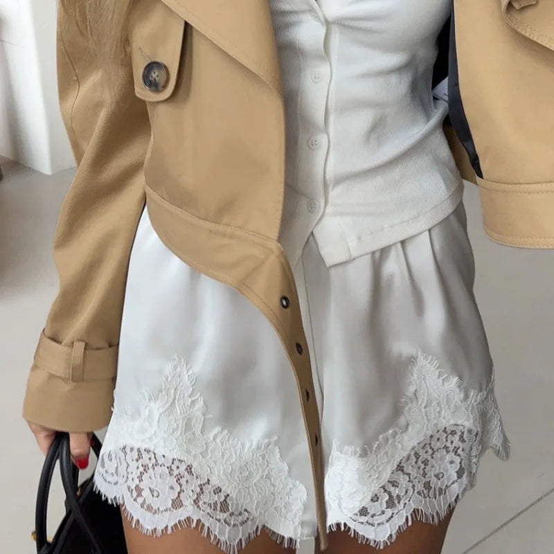 Trendix High Waist Satin Shorts Women's Summer Loose Casual Party Short Pants 2026 Holiday Solid Patchwork Lace Shorts Femme