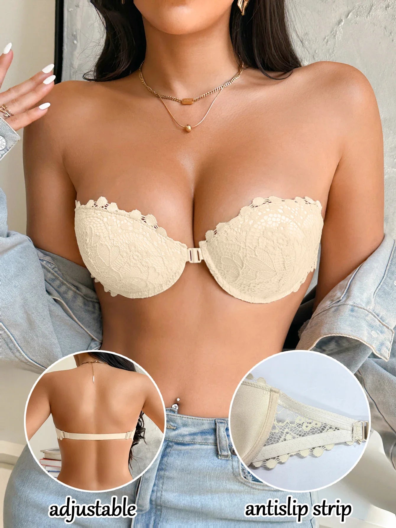 Half Cup Lace Women Strapless Bra Stylish Push Up Underwire Bra Comfortable Front Closure Daily Women's Underwear