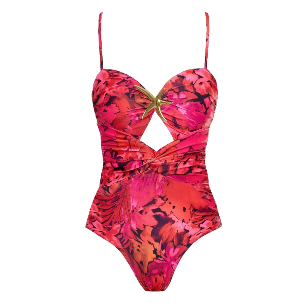 Cut Out Swimsuit And Cover Up Sexy Swimwear Women Floral Stars Swim Suit Push Up Bikini Bathingsuit Sliming Bodysuit Beachwear