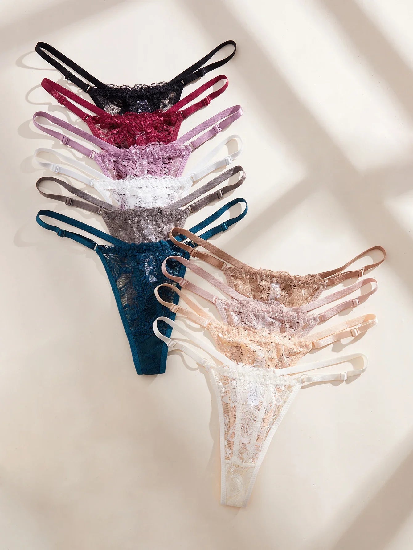 10Pcs/Set Sexy Lace Women Panties Low Waist G‑String Thong Adjustable Waistband Lingerie Underwear