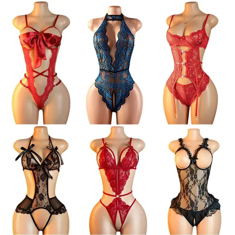 Adult Erotic Lingerie Women BodySuit Crotchless Sexy Temptation Lace Hollow Body Suit Pajamas Cosplay V-neck Hot UnderwearSet