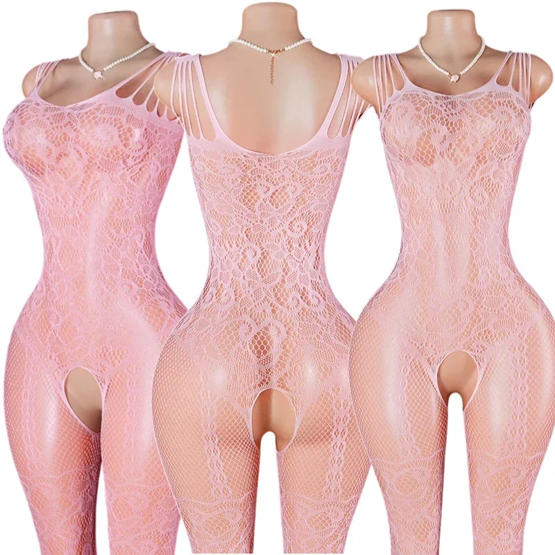 Pink Sexy Lingerie Mesh Bodystockings Teddy Crotchless Fishnet Hollow Open Bra Underwear Erotic Clothing Sexy Lace Bodysuit