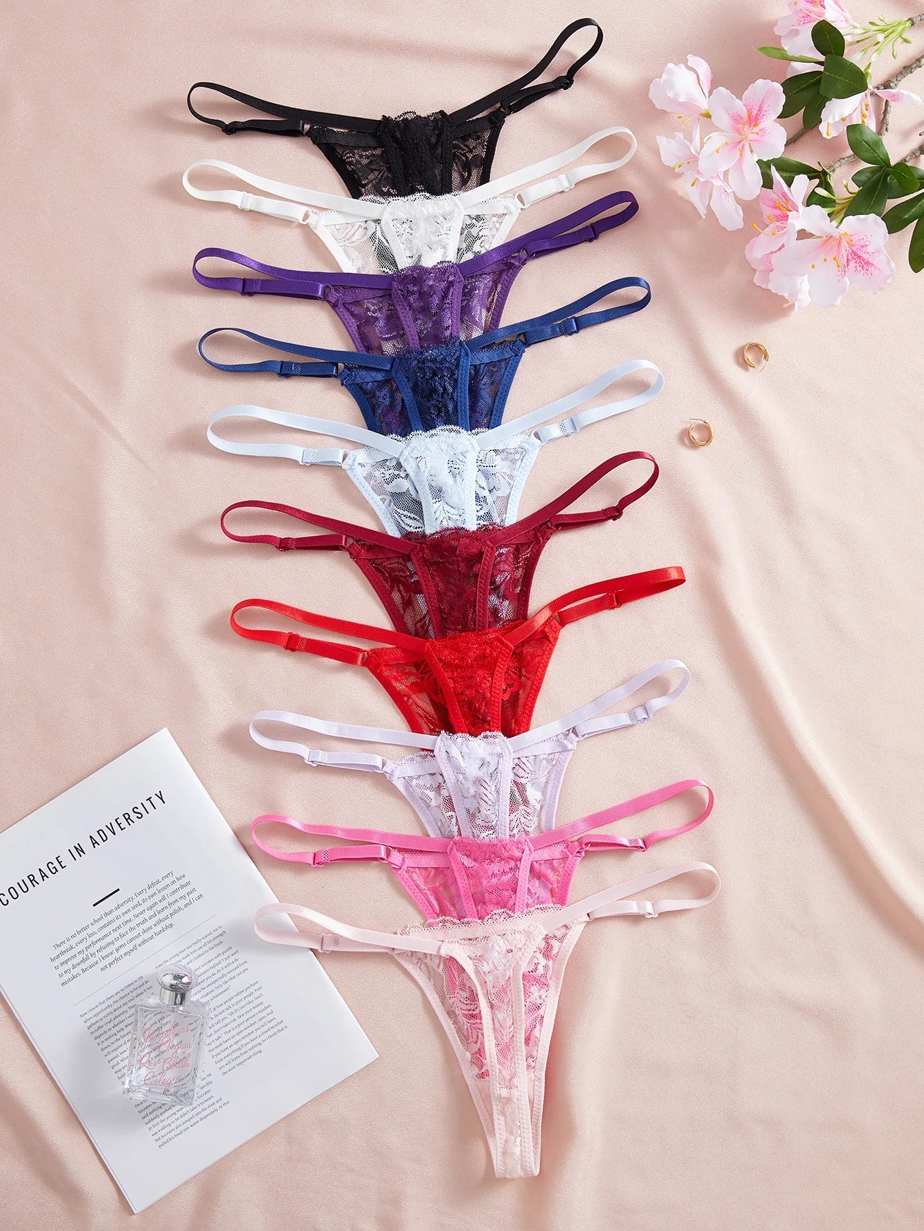 10Pcs/Set Sexy Lace Women Panties Low Waist G‑String Thong Adjustable Waistband Lingerie Underwear