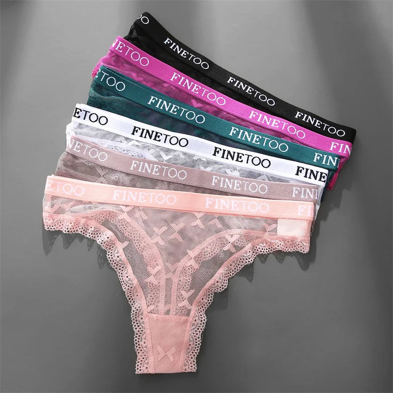 FINETOO Women Sexy Lace Low-Rise Thongs Letter Waist Transparent G-String Ladies Seamless Lingerie Hollow Out Perspective T-Back