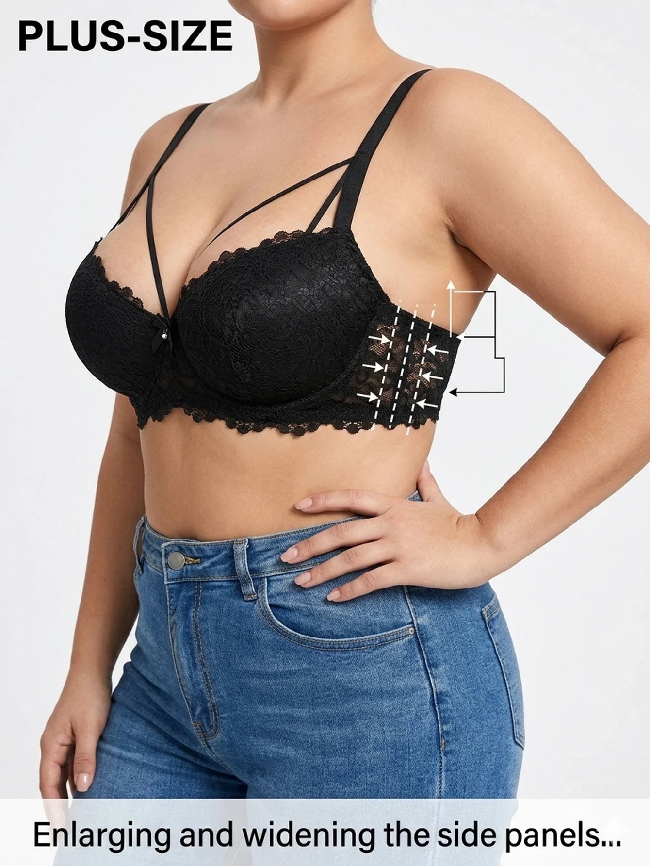 Plus Size Women's B C D Lace Bra Wide Straps Side Support Comfort Underwire Push Up Bra Breast Strap Detail Bralette