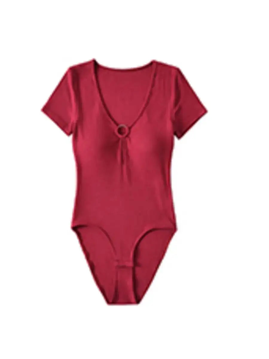 Hot Girl Sexy Hollow V-neck Tight Look Slimming Chest Cushion Short Sleeve Jumpsuit T-shirt Top Body Suits Fashion Women 256M