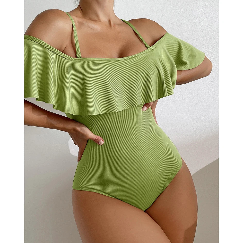 2025 New Sexy Off The Shoulder Solid Swimwear Women One Piece Swimsuit Female Bathing Suit Ruffle Monokini Swim Wear XL