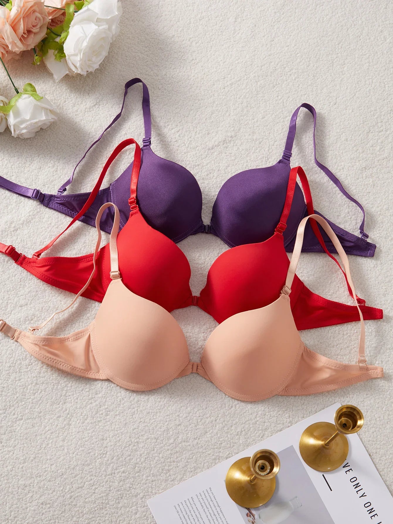 3-Pack Women's Underwear Set Everyday Basic Simple Solid Underwire Padded Push-Up Bra Casual & Comfortable T-Shirt Women's Bra