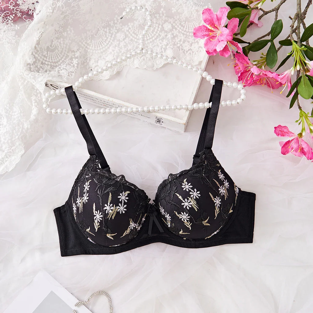 Fallsweet C D Cup Push up Bra for Women Wide Shoulder Straps Embroidered Floral Bow Plus Size Bras Comfort Underwear Lingerie