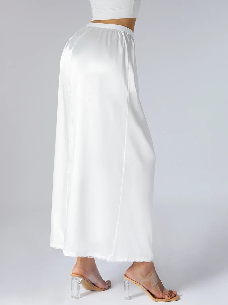 Women's Solid Color Skirts Elastic Waist Satin Underskirt Lace Trim Skirt for Under Dresses Black/White