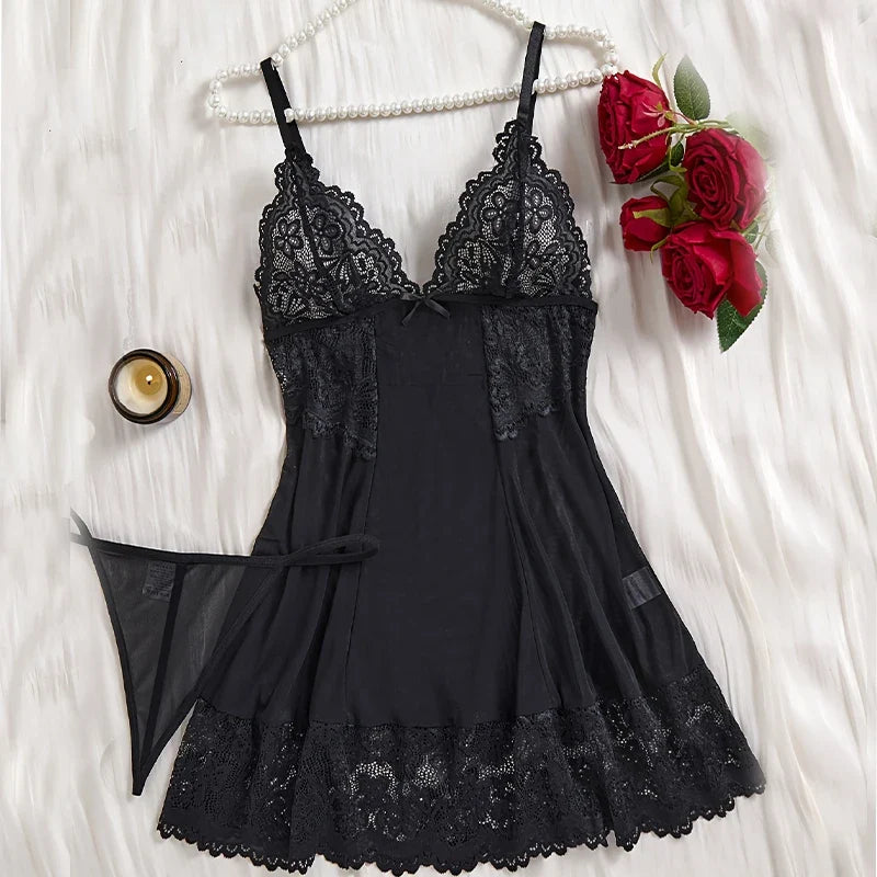 Women Sexy Lingerie Set See-through Deep V Slip Dress Thong Elegant Comfortable. Bow Design Sexy Lace Red Bra Panty Pijamas Set