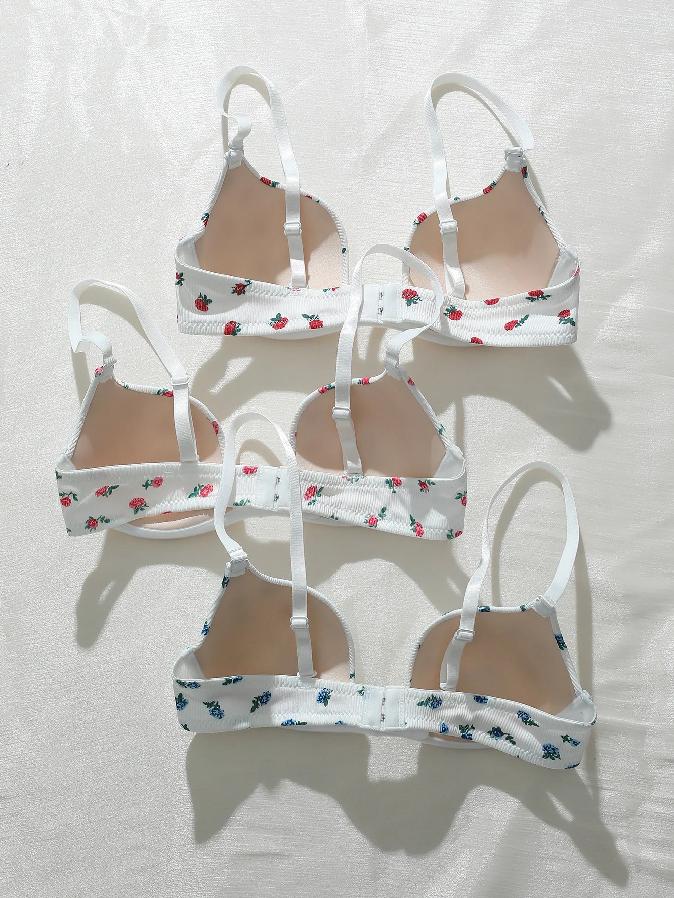 3-Pack Everyday Sweet Women's Bras Simple Solid Color Floral Print Thin Cup Patchwork Ribbed Push-Up Bra with Underwire Bra