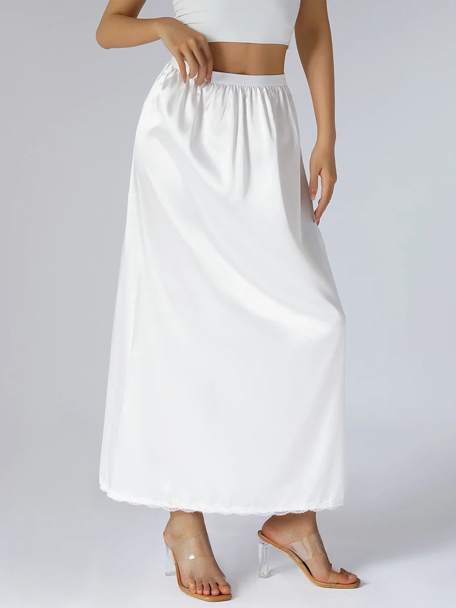Women's Solid Color Skirts Elastic Waist Satin Underskirt Lace Trim Skirt for Under Dresses Black/White