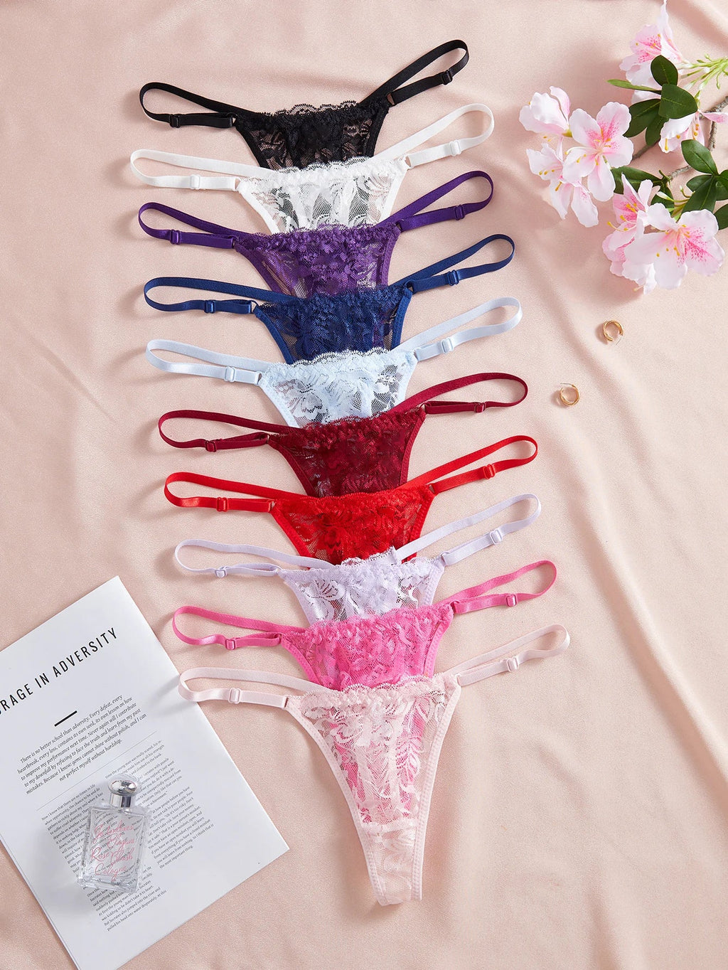 10Pcs/Set Sexy Lace Women Panties Low Waist G‑String Thong Adjustable Waistband Lingerie Underwear