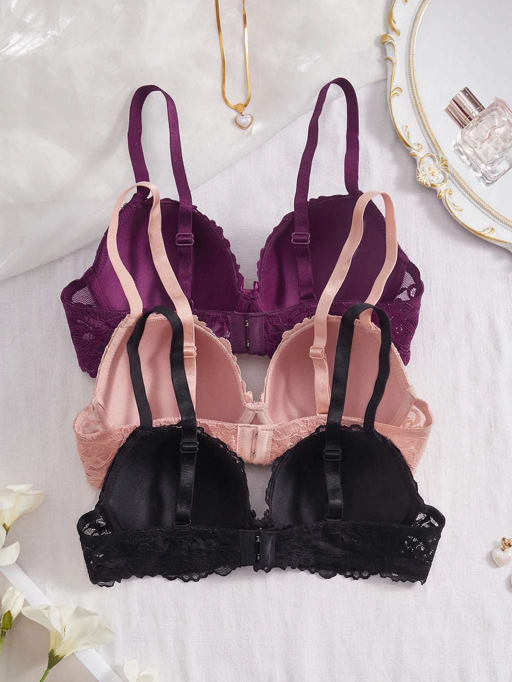 3PCS Lace Trim Women's underwear set Underwire Push up Bra for Women Bow & Rhinestone Comfort Daily Lingerie Set A B C Cup