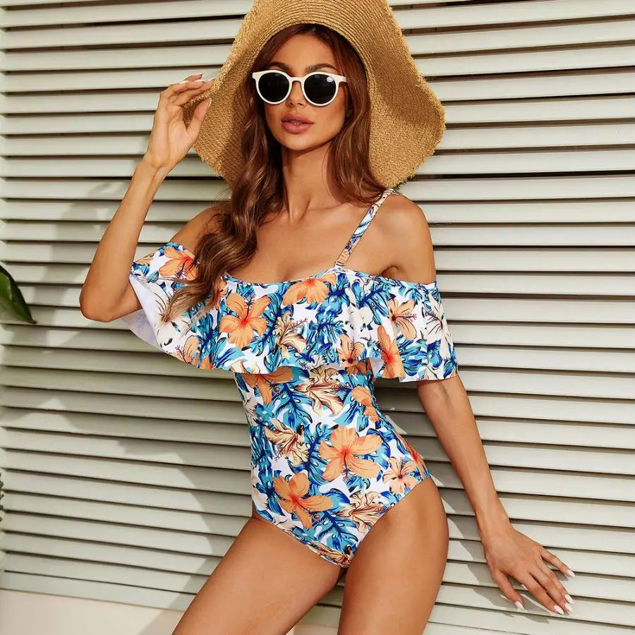 2025 New Sexy Off The Shoulder Solid Swimwear Women One Piece Swimsuit Female Bathing Suit Ruffle Monokini Swim Wear XL