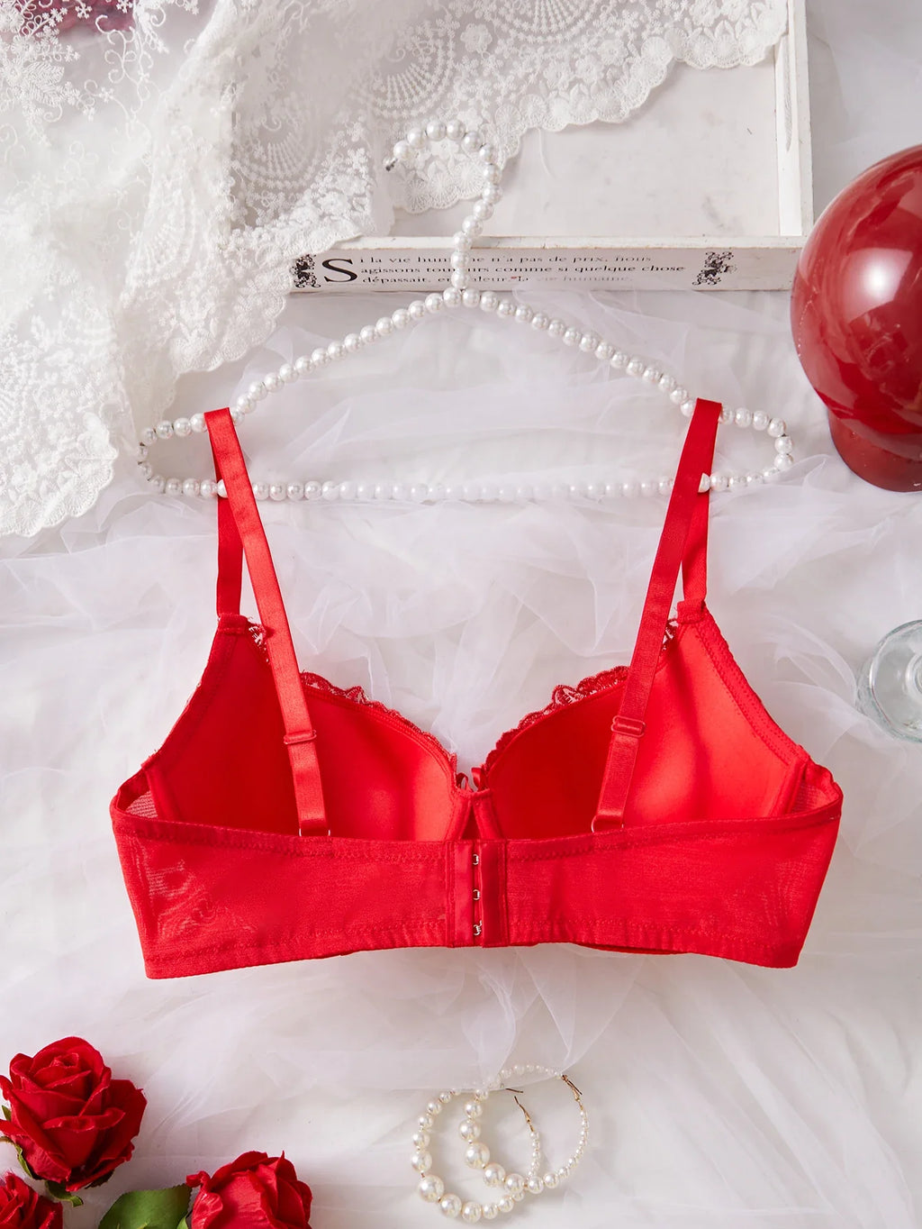Fallsweet C D Cup Push up Bra for Women Wide Shoulder Straps Embroidered Floral Bow Plus Size Bras Comfort Underwear Lingerie
