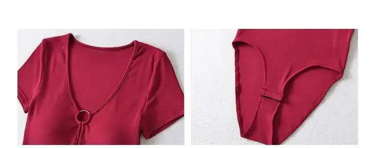 Hot Girl Sexy Hollow V-neck Tight Look Slimming Chest Cushion Short Sleeve Jumpsuit T-shirt Top Body Suits Fashion Women 256M