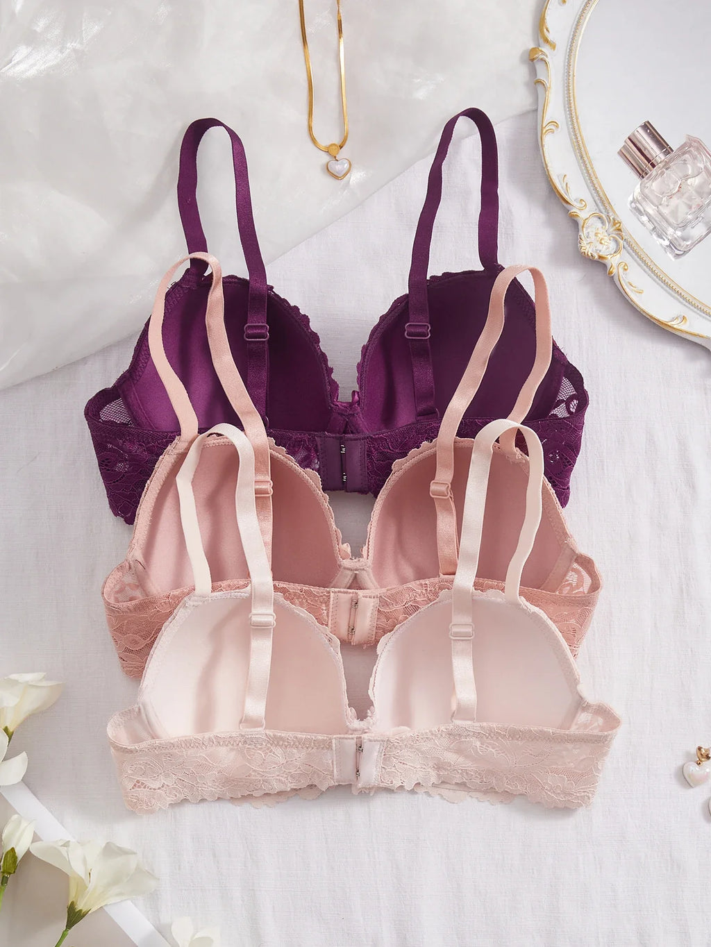 3PCS Lace Trim Women's underwear set Underwire Push up Bra for Women Bow & Rhinestone Comfort Daily Lingerie Set A B C Cup