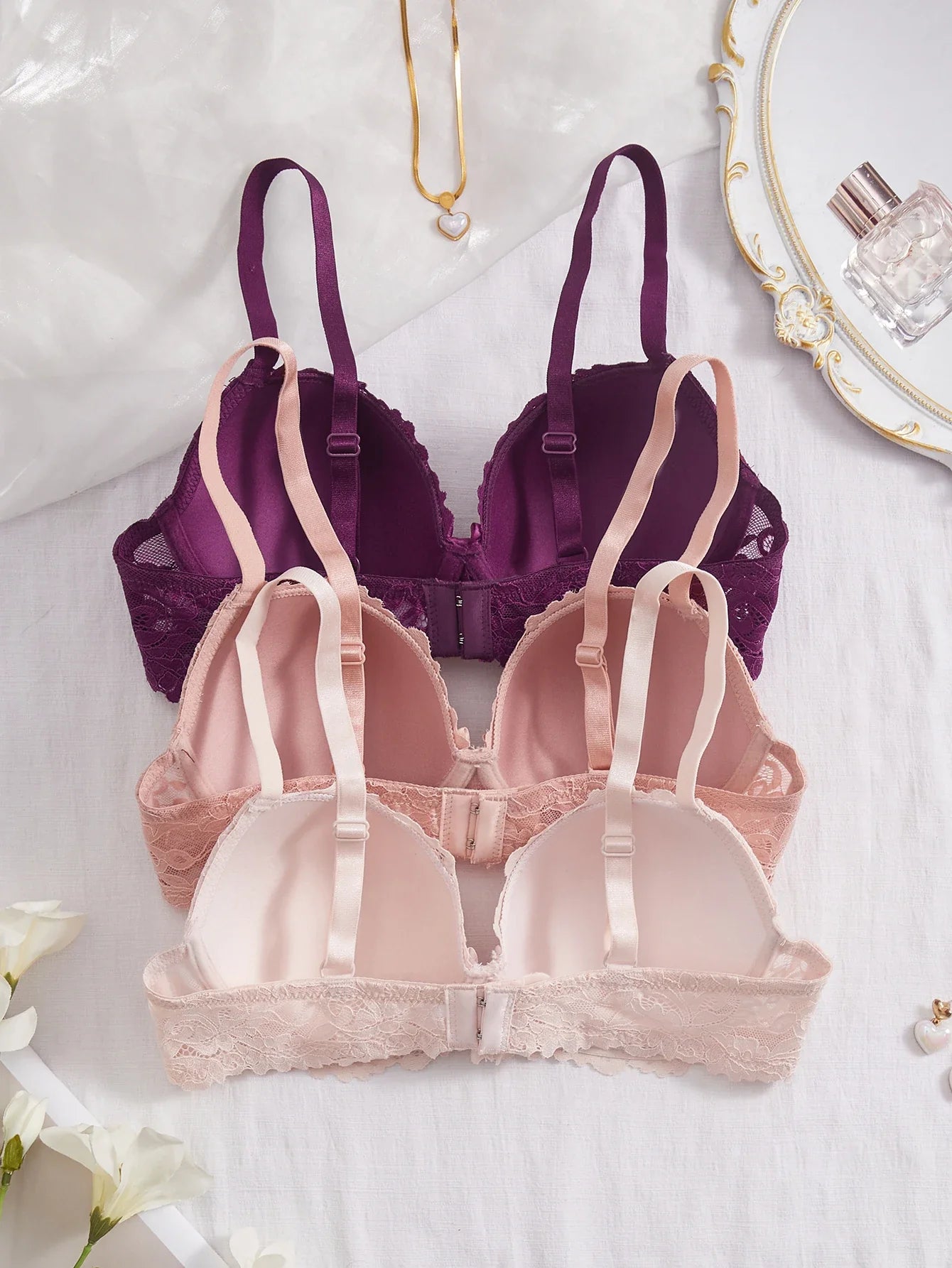 3PCS Lace Trim Women's underwear set Underwire Push up Bra for Women Bow & Rhinestone Comfort Daily Lingerie Set A B C Cup