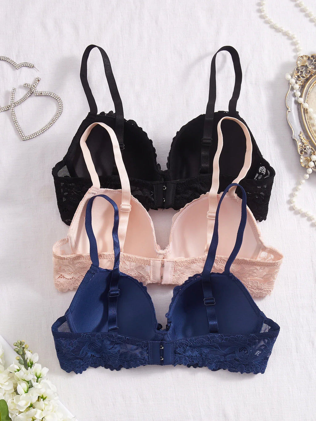 3PCS Lace Trim Women's underwear set Underwire Push up Bra for Women Bow & Rhinestone Comfort Daily Lingerie Set A B C Cup