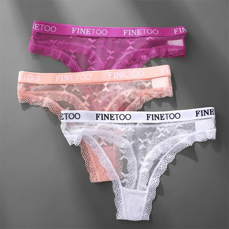 FINETOO Women Sexy Lace Low-Rise Thongs Letter Waist Transparent G-String Ladies Seamless Lingerie Hollow Out Perspective T-Back