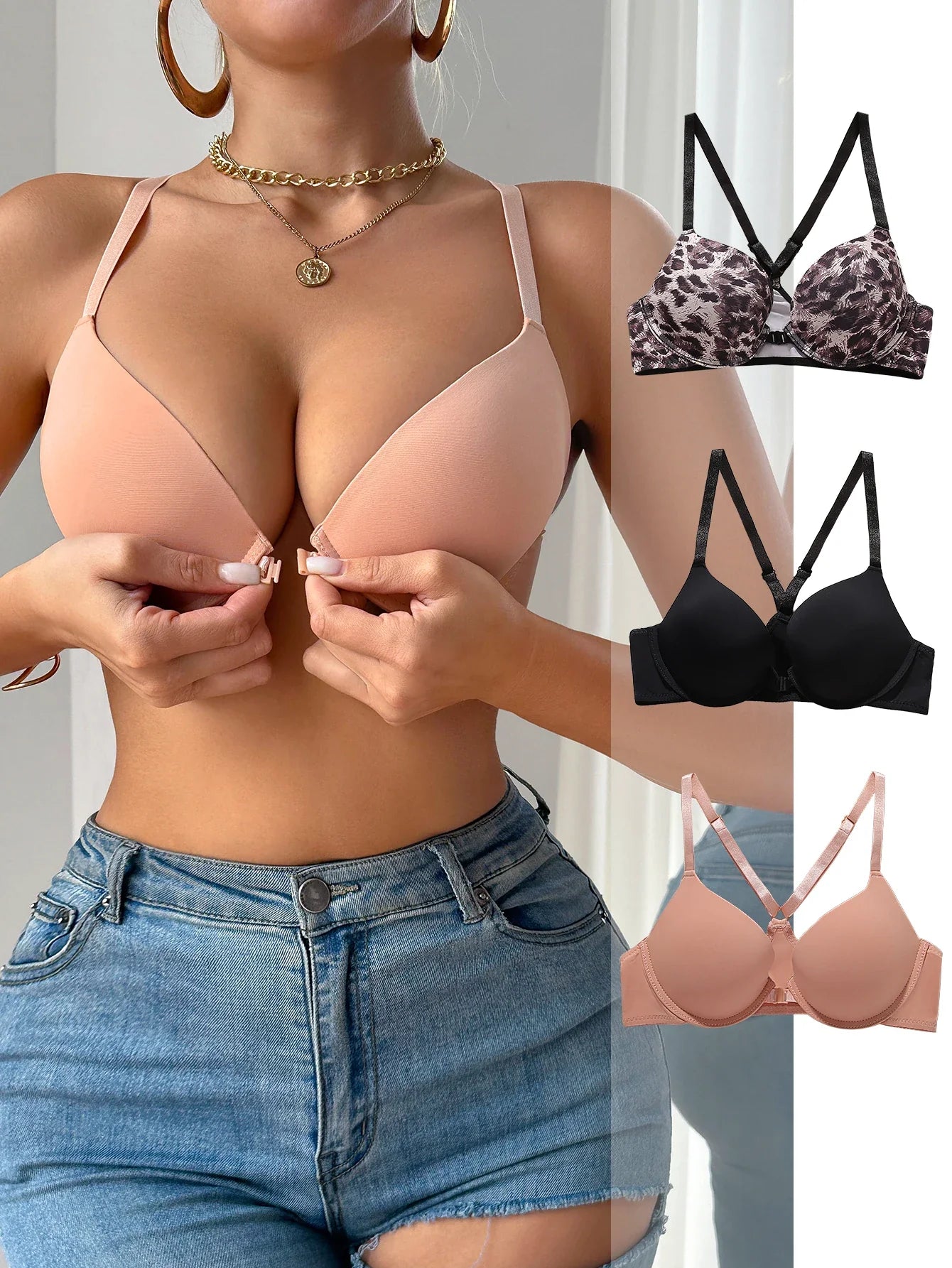 3Pcs Everyday Casual Solid Basic Women's Bras Front-Clasp Push-Up Bra Convertible Straps Knit T-Shirt Bra
