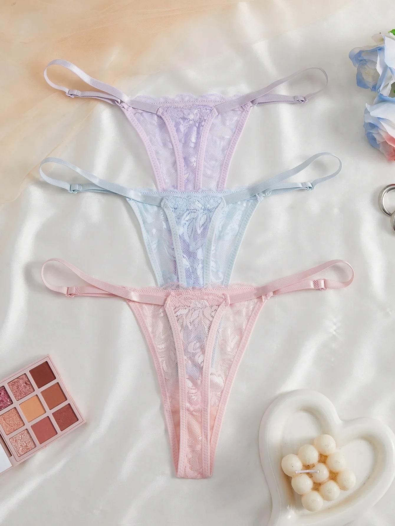 3-Pack Sexy Lace Women's Panties Adjustable Waistband Semi-Transparent Sexy Floral Lace Women's Sexy Lingerie Underwear