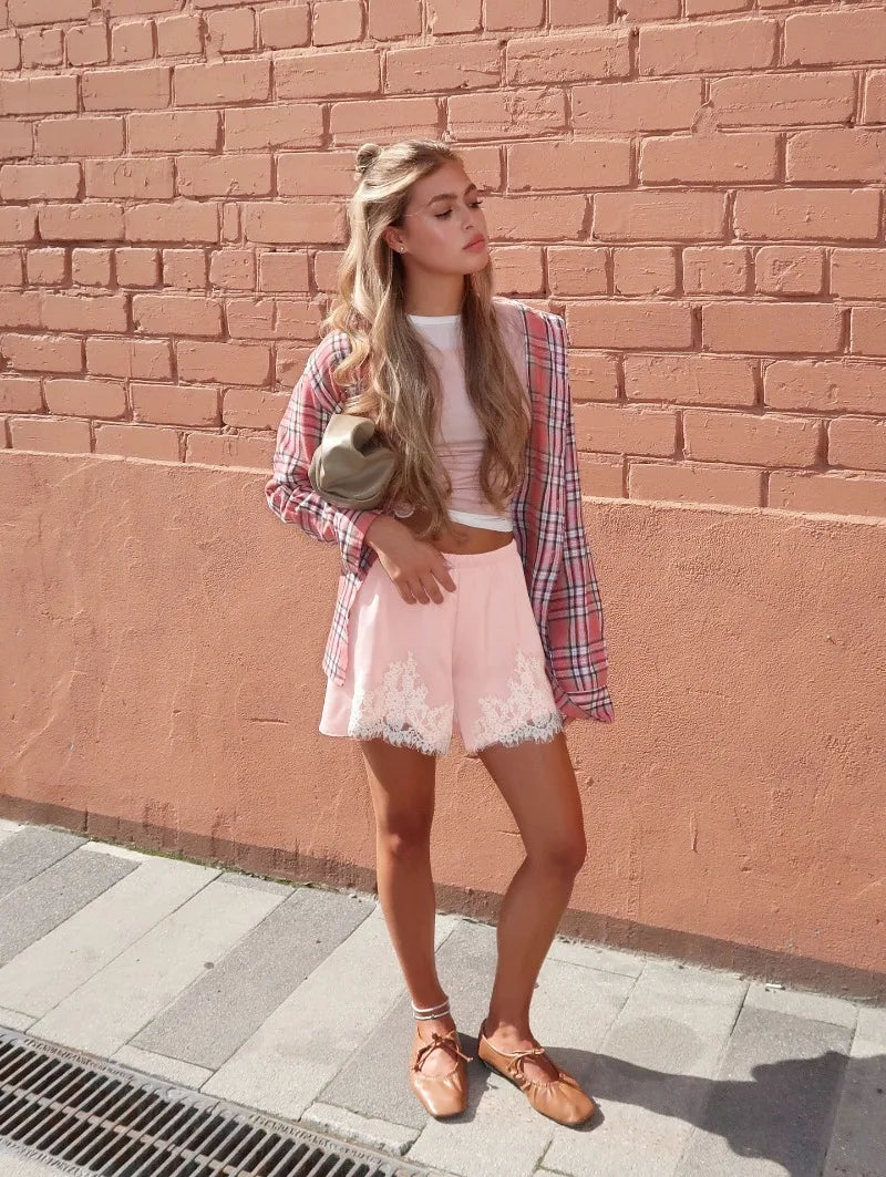 Trendix High Waist Satin Shorts Women's Summer Loose Casual Party Short Pants 2026 Holiday Solid Patchwork Lace Shorts Femme