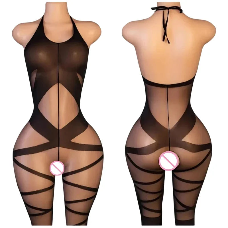One Piece Crotchless Bodystocking EroticTransparent Sexy Lingerie Sexiest Bodysuit Mesh Hollow Bra Set Black Full Body Stockings