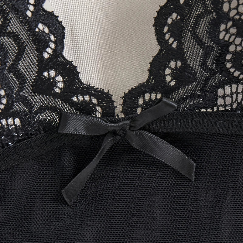 Women Sexy Lingerie Set See-through Deep V Slip Dress Thong Elegant Comfortable. Bow Design Sexy Lace Red Bra Panty Pijamas Set