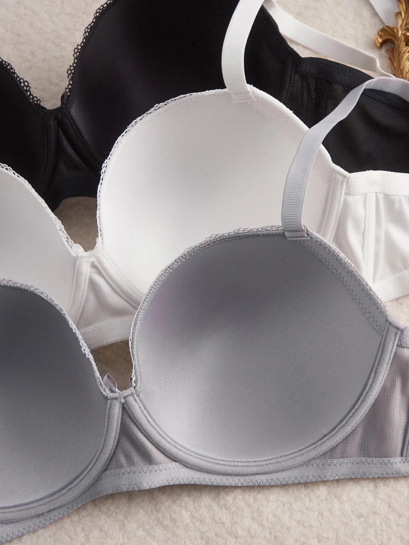 3Pcs Plus Size Women's Bras Lace Trim B C D E Thin Cup Ribbed Push up Bra Underwire Side Support Soft Women's Underwear Set