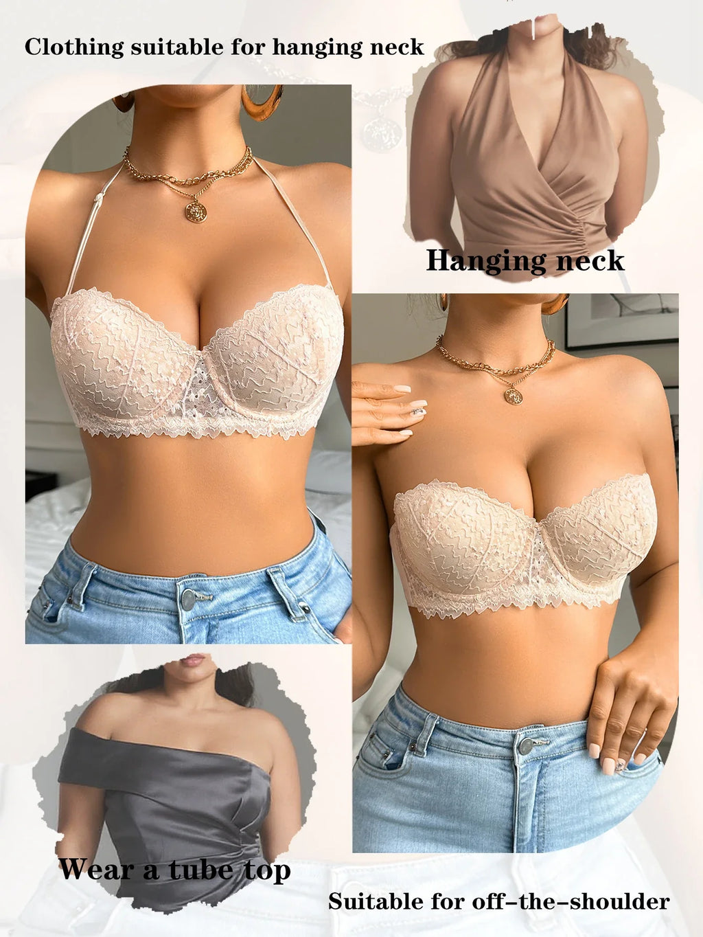 Daily Lace Patchwork Detachable Strap Women's Sexy Bras Invisible Strapless Backless Bra for Dresses Soft Thin Cup Push up Bra