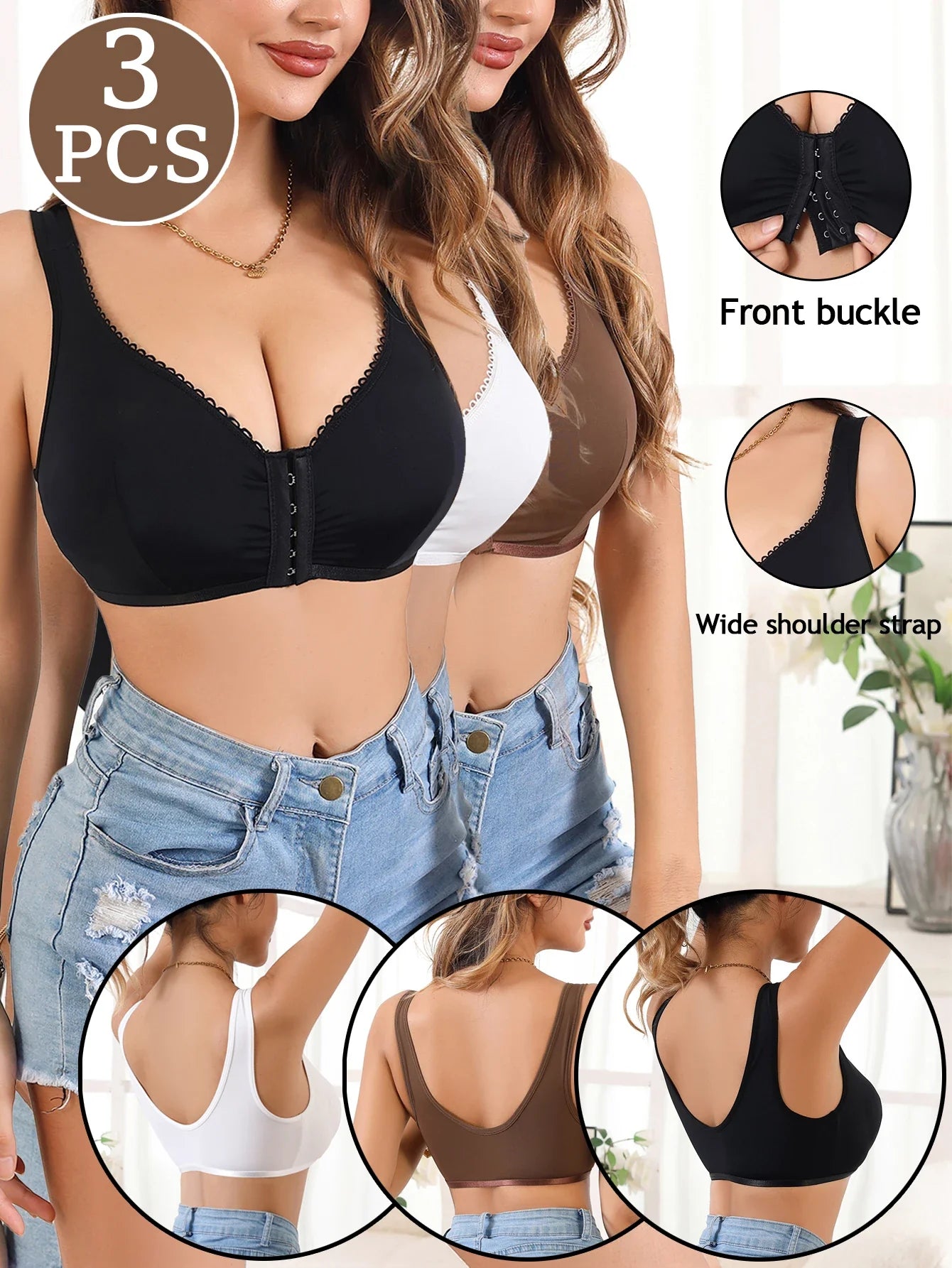 3Pcs/Set Summer Solid Wireless Women's Bra Bralette Front Clasp Push up Bra Comfort Unpadded Bras
