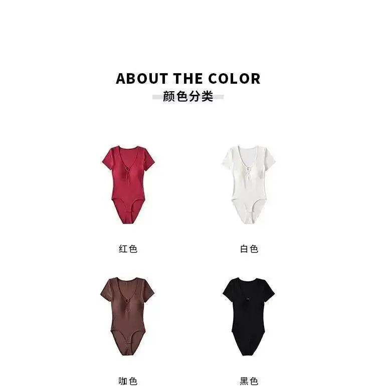 Hot Girl Sexy Hollow V-neck Tight Look Slimming Chest Cushion Short Sleeve Jumpsuit T-shirt Top Body Suits Fashion Women 256M