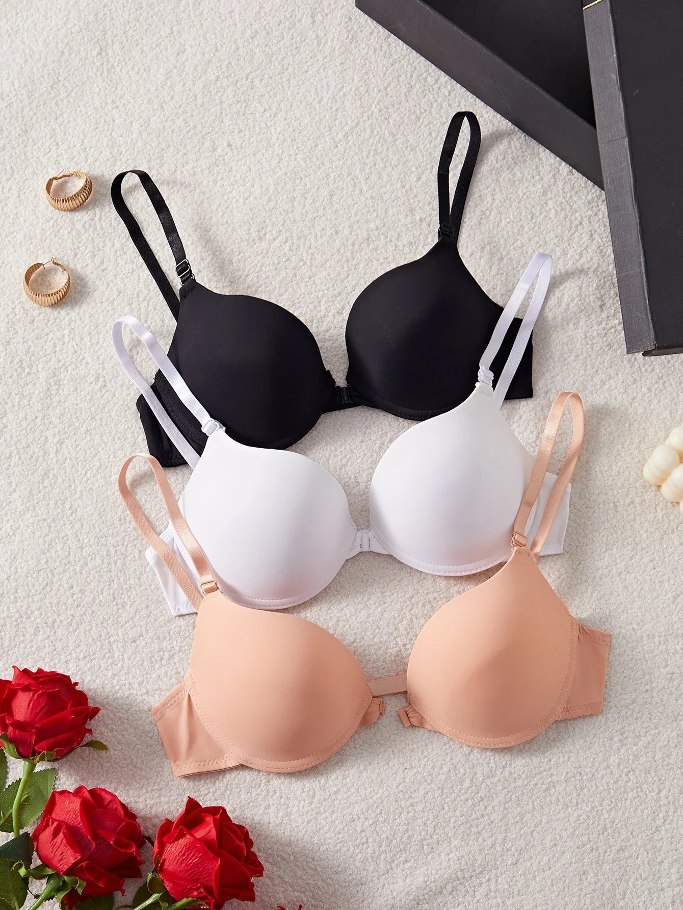 3-Pack Women's Underwear Set Everyday Basic Simple Solid Underwire Padded Push-Up Bra Casual & Comfortable T-Shirt Women's Bra