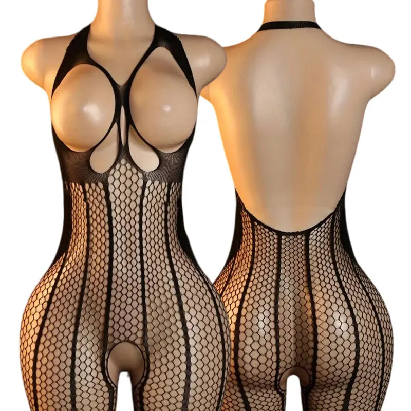Desire Night Sexy Crotchless Bodysuits For Women Erotic Outfits Mesh Sheer Teddy Jumpsuits Open Bra Hot Party Fishnet Underwear