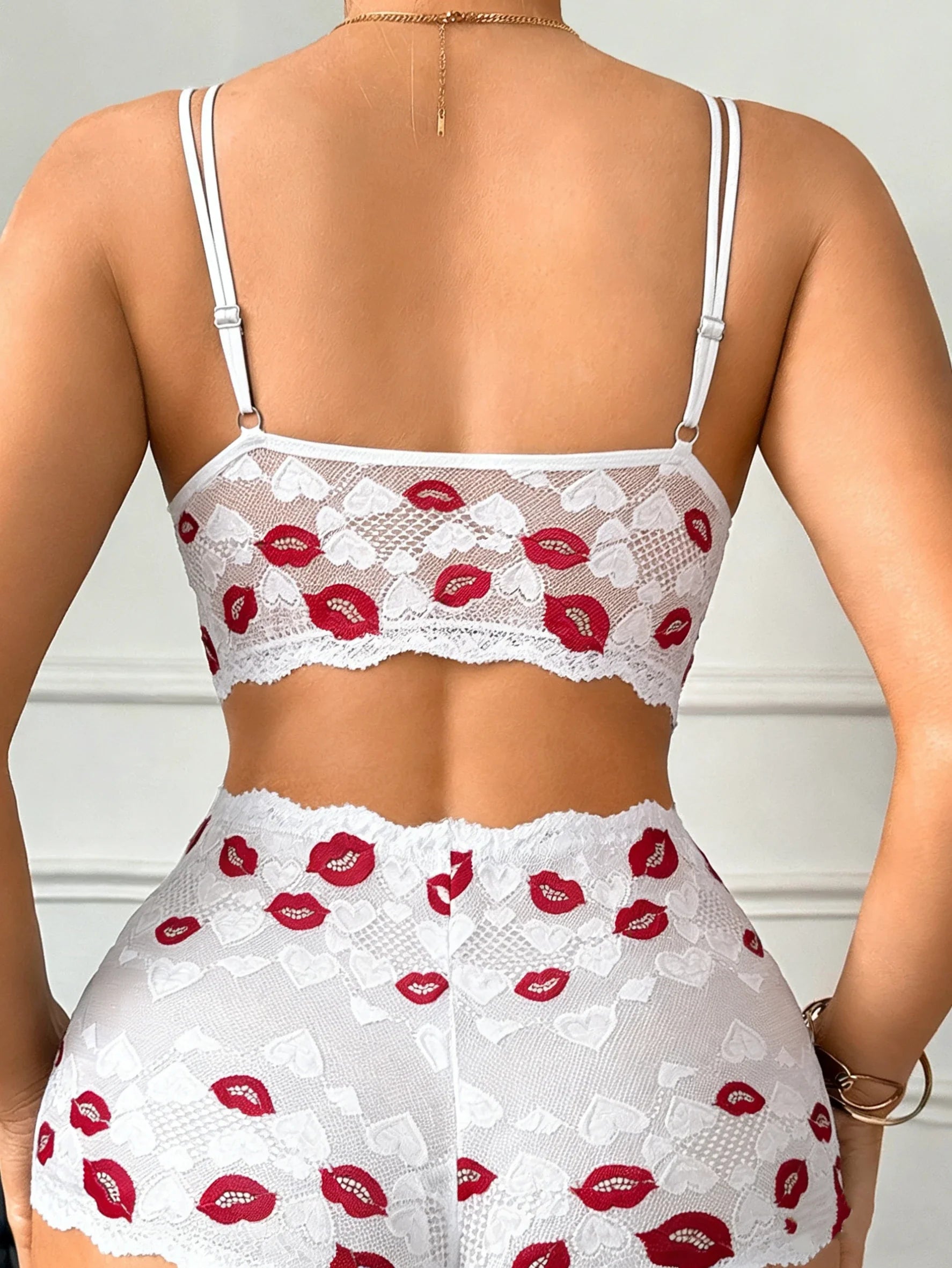 Valentine's Day Lip Print Lace sexy lingerie set with Crisscross Front ultra-thin wireless sexy bras panties