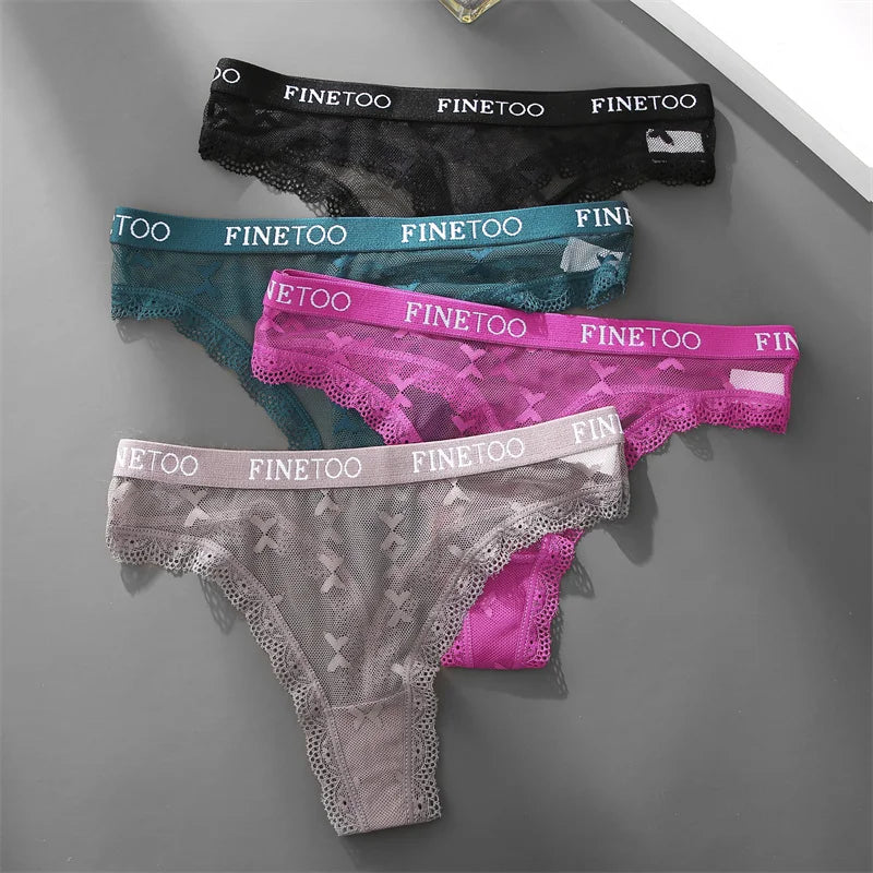 FINETOO Women Sexy Lace Low-Rise Thongs Letter Waist Transparent G-String Ladies Seamless Lingerie Hollow Out Perspective T-Back