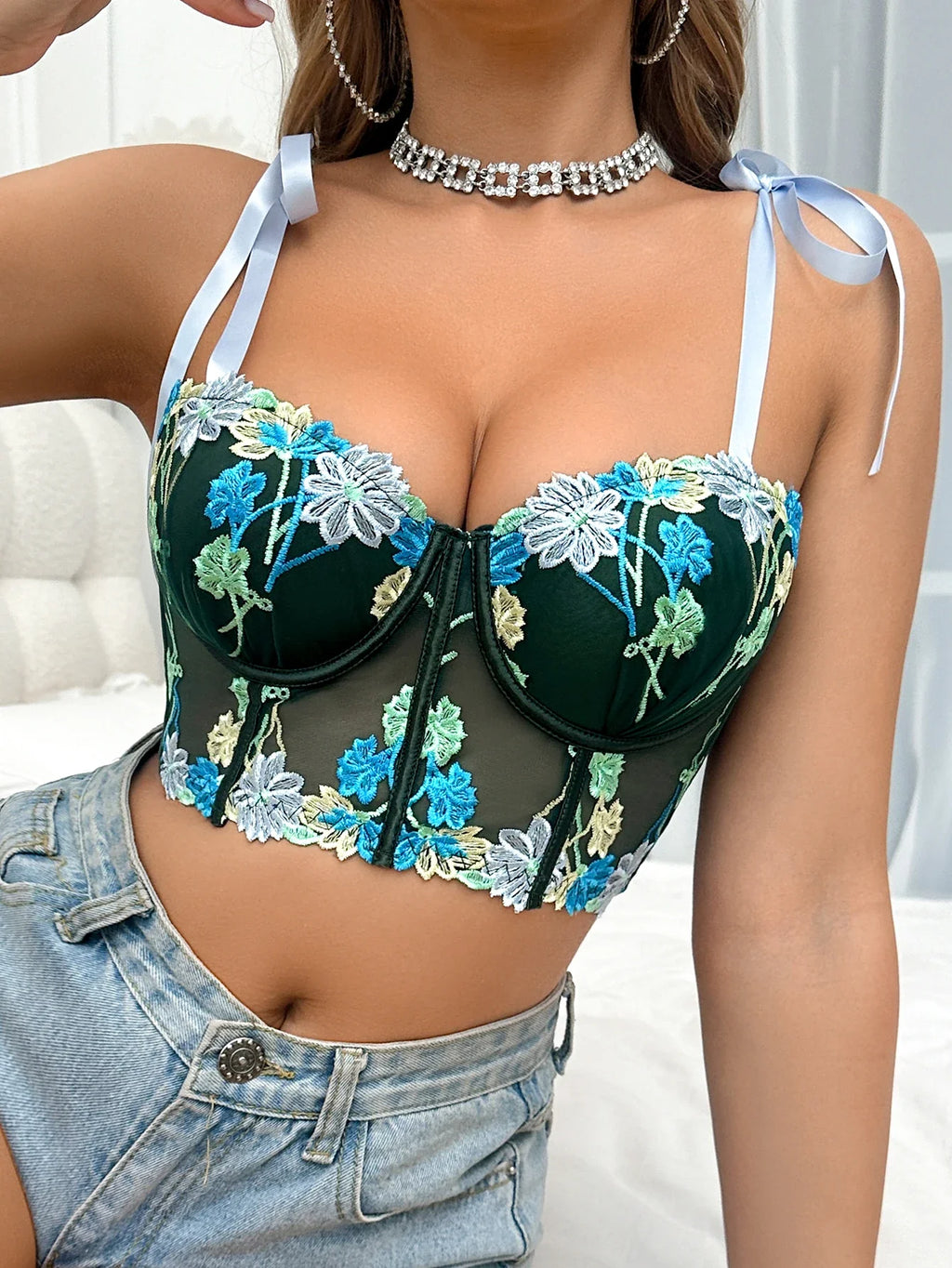 1/2 Cup Women's Lace Spliced Embroidery Floral Sexy Bras Sheer Mesh Corset Top with Tie Straps Women's Bra