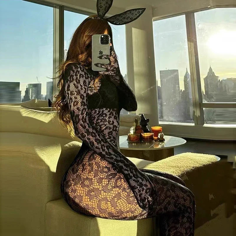 Women's Sexy Backless Jumpsuits Top See Through Full Sleeve Bodysuit  Fashion Rompers Activewear Party Nightclub Costume