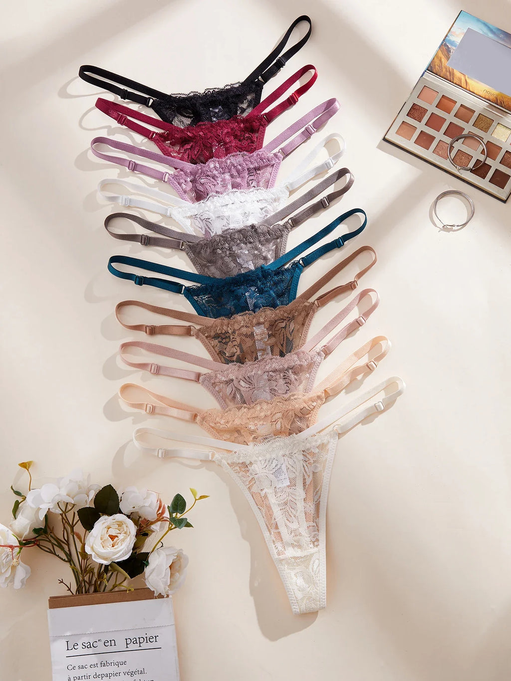 10Pcs/Set Sexy Lace Women Panties Low Waist G‑String Thong Adjustable Waistband Lingerie Underwear